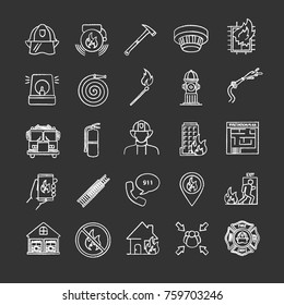 Firefighting Chalk Icons Set. Fire Station Equipment. Isolated Vector Chalkboard Illustrations