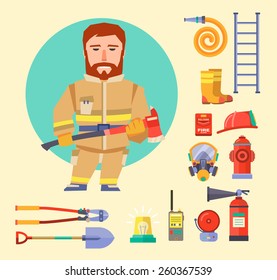 Firefighting character and  icons set  inventory extinguishing fire rescue professional composition. Vector illustration