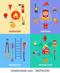 Firefighting character and  icons set  inventory extinguishing fire rescue professional composition. Vector illustration