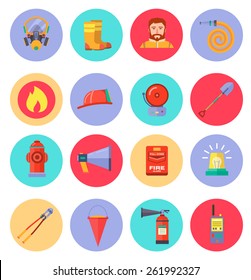 Firefighting character and  icons set  inventory extinguishing fire rescue professional composition. Vector illustration