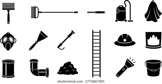 Firefighting cleaning equipment icons set with hose extinguisher mop bucket