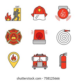 Firefighting color icons set. Emergency exit, hard hat, alarm bell, fireman siren, fire location, extinguisher, firetruck, firefighter's badge, hose. Isolated vector illustration