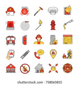 Firefighting color icons set  Fire station equipment  Isolated vector illustrations