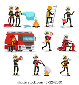 Firefighting colorful icons set of fireman with rescue equipment in different situations isolated vector illustration