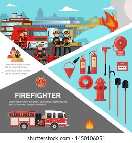 Firefighting colorful template with firefighters extinguishing fire and fireman equipment and tools in flat style vector illustration