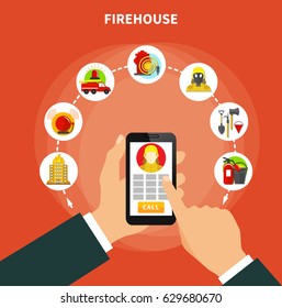 Firefighting concept with firehouse work and equipment icons flat vector illustration
