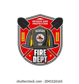 Firefighting department icon. Fire dept, firefighting brigade vector vintage badge or retro symbol with crossed shovels, firefighter helmet with axe, ladder and pike pole on emblem