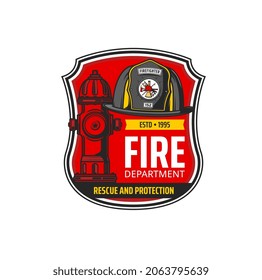 Firefighting department icon. Fire department, emergency rescue service vintage vector badge, retro sticker or icon with firefighter classic leatherhead helmet and water hydrant