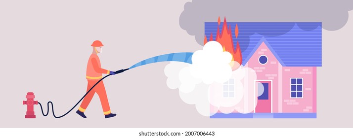 Firefighting Emergency Concept. Firefighter character with rescue equipment extinguish the car. Colorful flat vector illustration.
