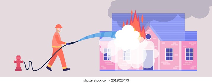 Firefighting Emergency Concept. Firefighter character with rescue equipment extinguish the car. Colorful flat vector illustration.