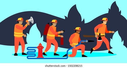 Firefighting Emergency Concept with Fireman in Action. Firefighter Characters with Rescue Equipment. Vector illustration