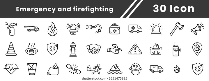 Combate a incêndios e emergência Ícones de linha de segurança definir coleção. segurança, emergência e símbolos de proteção para prevenção: combinar, chama, nenhum sinal de incêndio, extintor, guarda-florestal, ilustração Vetor EPS10