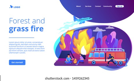 Firefighting emergency service. Fireman with hose character. Prevention of wildfire, forest and grass fire, conflagration safety engineering concept. Website homepage landing web page template.