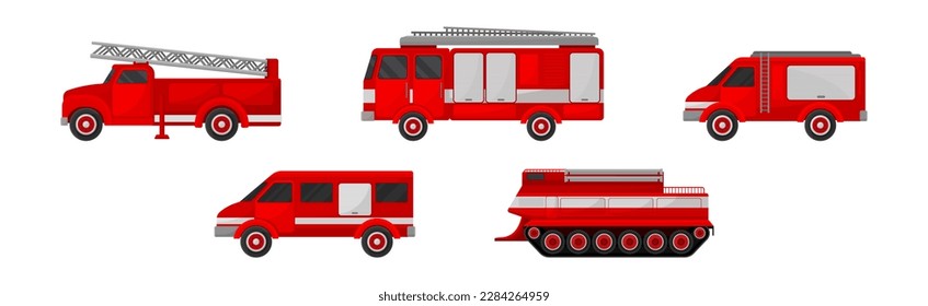 Firefighting Engine with Red Emergency Transport Service Vector Set