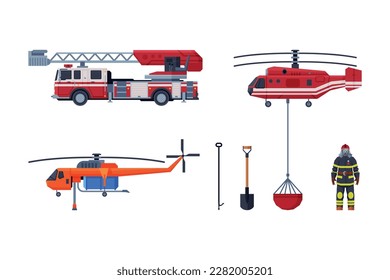Equipo de lucha contra incendios y conjunto de vectores de herramientas de servicio de emergencia