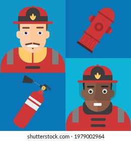 firefighting equipment firehose hydrant and fire extinguisher illustration firemans uniform with helmet and isolated on blue background