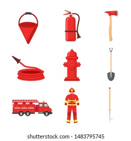 Firefighting equipment flat illustrations set. Fireman emergency service items isolated clipart pack on white background. Firefighter suit, fire extinguisher, red car design elements collection