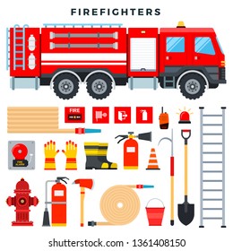 Firefighting equipment and gear, set. everything to fight fire. Fire truck, fire extinguisher, hydrant, hose, ladder, radio, fire signs, boots, gloves, shovel, axe, bucket. Vector illustration.