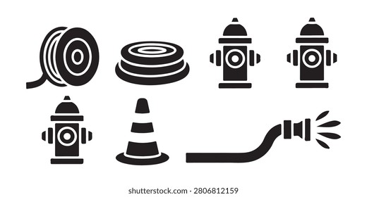 Firefighting equipment icon set, fire hose, hydrant, cone, water stream vector illustration.