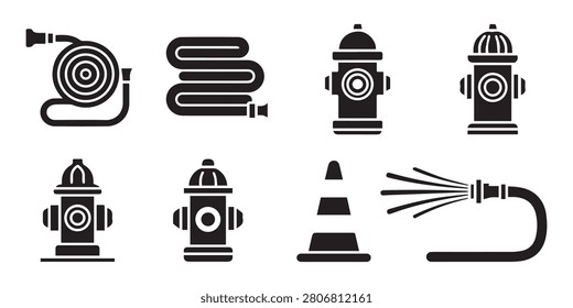Firefighting equipment icon set, fire hose, hydrant, cone, water stream vector illustration.