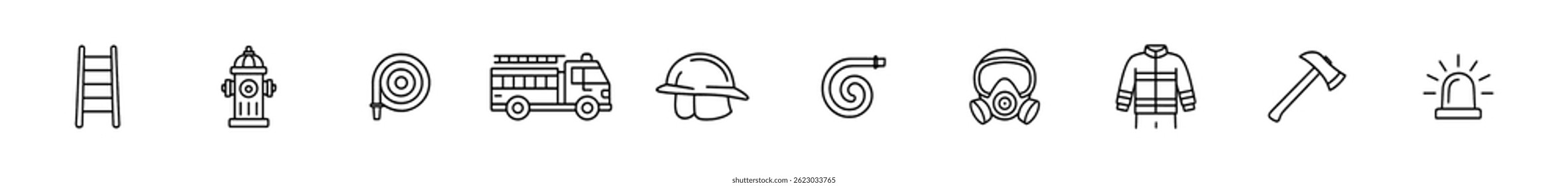 Firefighting equipment icons set: safety tools and gear. Vector icons
