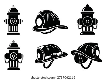 Firefighting equipment set including helmets and hydrants in black silhouette on a white background