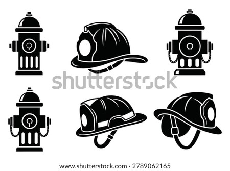 Firefighting equipment set including helmets and hydrants in black silhouette on a white background