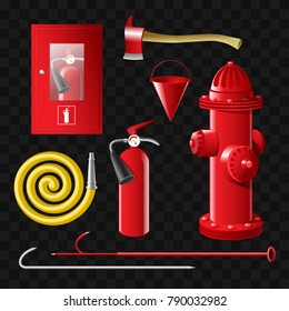Firefighting equipment - set of realistic vector isolated objects on transparent background. Axes, fire extinguisher, hooks, hose, bucket, hydrant. High quality clip art for visual aids, presentations
