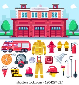 Firefighting equipment vector icons set. City fire station illustration. Fire extinguisher, alarm system, hydrant, firemans uniform and car isolated on white background.