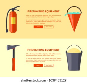 Firefighting equipment vector illustartion in flat design fire extinguisher, bucket full of water, sharp axe, bucket with sand and red-colored elements