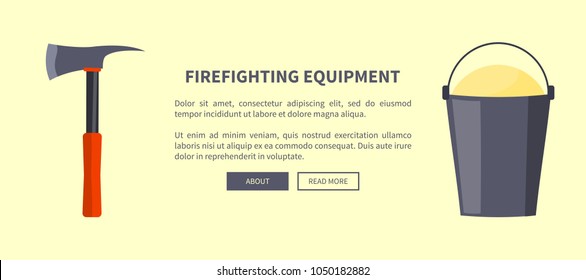 Firefighting equipment vector illustration made in flat design depicting isolated sharp axe with red-colored handle and bucket full of sand on white with place for text.