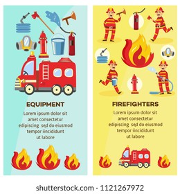 Firefighting and fequipment concept banners set. Fireman in fire protection uniform extinguishing fire, male characters running with fire axe, holding water hydrant. Vector illustration