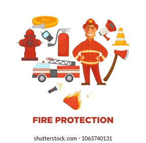 Firefighting and fire protection poster of extinguishing equipment tools.