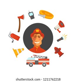 Firefighting and fire protection poster of extinguishing equipment tools.