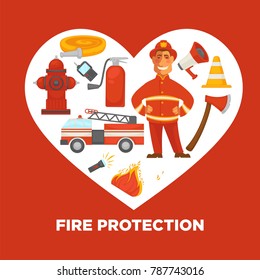 Firefighting and fire protection poster of extinguishing equipment tools.