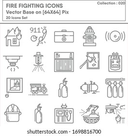 Firefighting and Fire Protection System Safety Icon Set, Firefighter Equipment Tools for Building Fire Prevention Systems. Accident Security Department Symbol Icons Design. Emergency Crisis