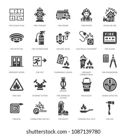 Firefighting, fire safety equipment flat glyph icons. Firefighter car, extinguisher, smoke detector, house, danger signs, firehose. Flame protection pictogram. Solid silhouette pixel perfect 64x64.