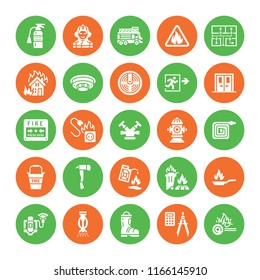 Firefighting, fire safety equipment flat glyph icons. Firefighter car, extinguisher, smoke detector, house, danger signs, firehose. Flame protection pictogram. Solid silhouette