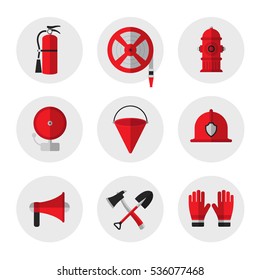 Firefighting and fire safety equipment flat icons. Fire extinguisher, hose reel, hydrant, ringing alarm bell, metal fire bucket, helmet, megaphone, shovel and ax, gloves. Vector illustration