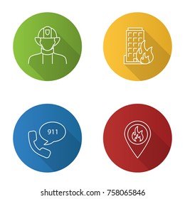Firefighting flat linear long shadow icons set. Firefighter, fire location, burning house, emergency call. Vector outline illustration