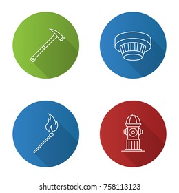 Firefighting flat linear long shadow icons set. Fire axe, hydrant, smoke detector, burning matchstick. Vector outline illustration