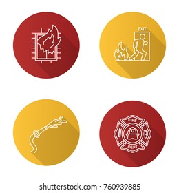 Firefighting flat linear long shadow icons set. House on fire, firefighter's badge, garden hose, emergency exit. Vector outline illustration