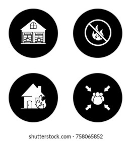 Firefighting glyph icons set. Burning house, fire station, fire assembly point, bonfire prohibition. Vector white silhouettes illustrations in black circles
