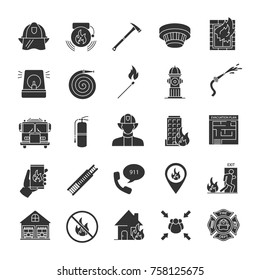 Firefighting glyph icons set. Fire station equipment. Silhouette symbols. Vector isolated illustration