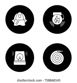 Firefighting glyph icons set. Fire hose, hard hat, alarm bell, fireman siren. Vector white silhouettes illustrations in black circles
