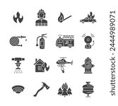 Firefighting glyph vector icon set. Fire department symbol with fire, fire hose, firefighter, extinguisher, fire engine, sprinkler system, burning house, helicopter, hydrant.