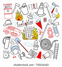 Firefighting Hand Drawn Doodle. Firefighter, Fireman, Emergency Elements Set. Vector Illustration