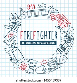 Firefighting hand drawn doodle vector illustration. Firefighter Freehand Doodle. Extinguisher and Equipment Hand Drawn Elements Set for your design
