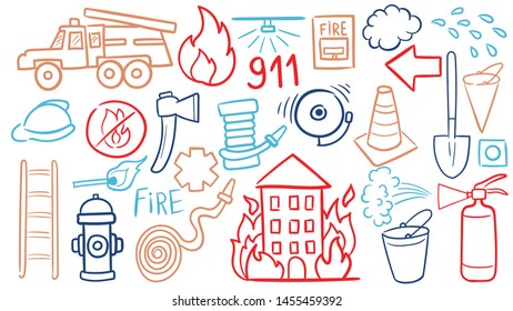 Firefighting hand drawn doodle vector illustration. Firefighter Freehand Doodle. Extinguisher and Equipment Hand Drawn Elements Set for your design