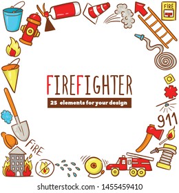 Firefighting hand drawn doodle vector illustration. Firefighter Freehand Doodle. Extinguisher and Equipment Hand Drawn Elements Set for your design